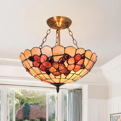 DecorBites™ DecorBites™ Scalloped Shade Semi Flush Stained Glass Ceiling Light Retro Style, 12"/16"/20.5" W, Red/Pink/Rose Red, Flower Pattern, Bedroom
