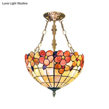 DecorBites™ DecorBites™ Scalloped Shade Semi Flush Stained Glass Ceiling Light Retro Style, 12"/16"/20.5" W, Red/Pink/Rose Red, Flower Pattern, Bedroom