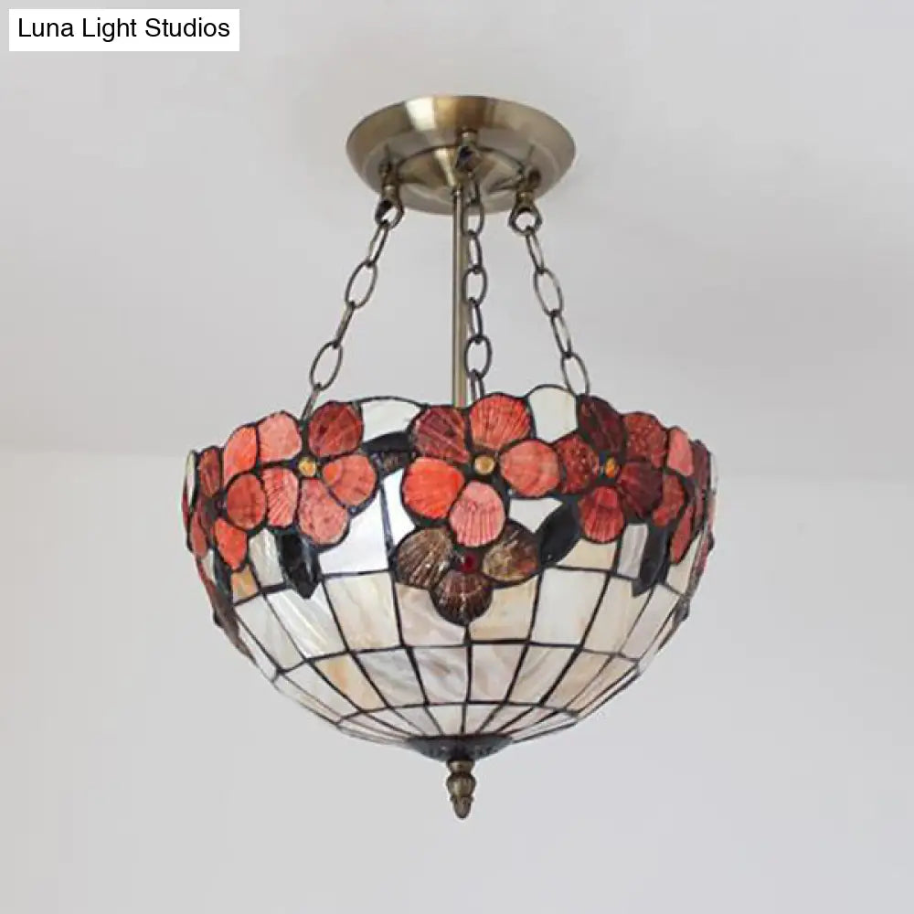 DecorBites™ DecorBites™ Scalloped Shade Semi Flush Stained Glass Ceiling Light Retro Style, 12"/16"/20.5" W, Red/Pink/Rose Red, Flower Pattern, Bedroom