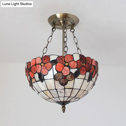 DecorBites™ DecorBites™ Scalloped Shade Semi Flush Stained Glass Ceiling Light Retro Style, 12"/16"/20.5" W, Red/Pink/Rose Red, Flower Pattern, Bedroom