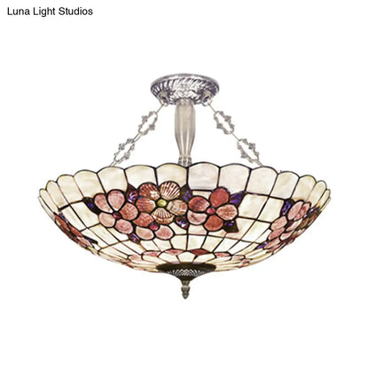 DecorBites™ DecorBites™ Scalloped Shade Semi Flush Stained Glass Ceiling Light Retro Style, 12"/16"/20.5" W, Red/Pink/Rose Red, Flower Pattern, Bedroom