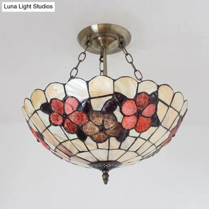 DecorBites™ DecorBites™ Scalloped Shade Semi Flush Stained Glass Ceiling Light Retro Style, 12"/16"/20.5" W, Red/Pink/Rose Red, Flower Pattern, Bedroom