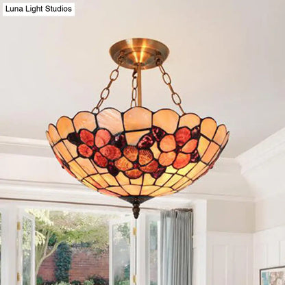 DecorBites™ DecorBites™ Scalloped Shade Semi Flush Stained Glass Ceiling Light Retro Style, 12"/16"/20.5" W, Red/Pink/Rose Red, Flower Pattern, Bedroom