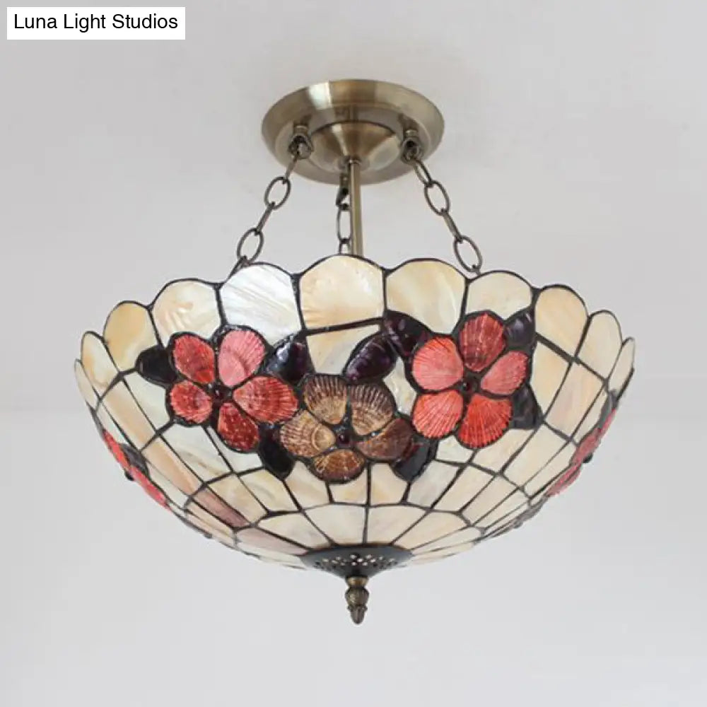 DecorBites™ DecorBites™ Scalloped Shade Semi Flush Stained Glass Ceiling Light Retro Style, 12"/16"/20.5" W, Red/Pink/Rose Red, Flower Pattern, Bedroom