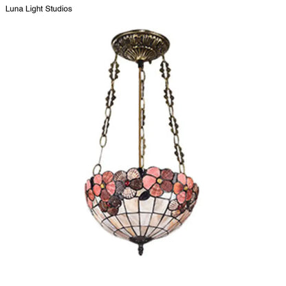 DecorBites™ DecorBites™ Scalloped Shade Semi Flush Stained Glass Ceiling Light Retro Style, 12"/16"/20.5" W, Red/Pink/Rose Red, Flower Pattern, Bedroom