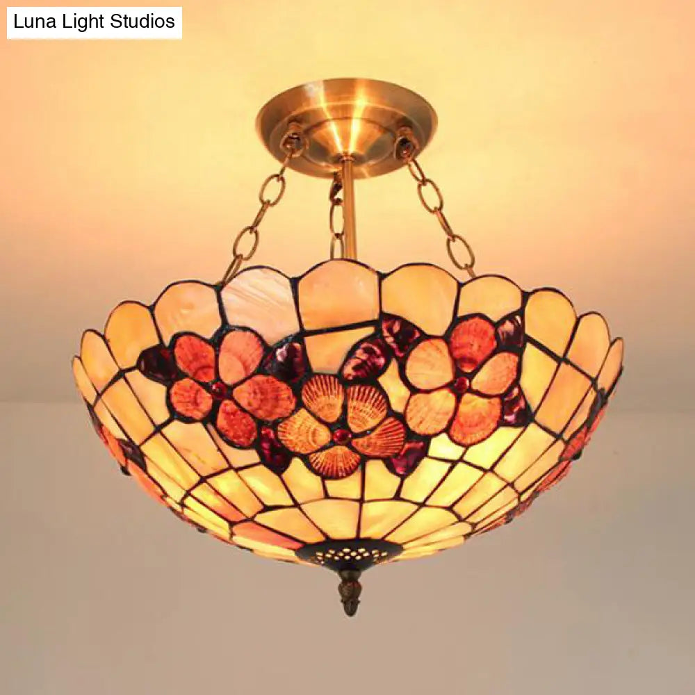 DecorBites™ DecorBites™ Scalloped Shade Semi Flush Stained Glass Ceiling Light Retro Style, 12"/16"/20.5" W, Red/Pink/Rose Red, Flower Pattern, Bedroom
