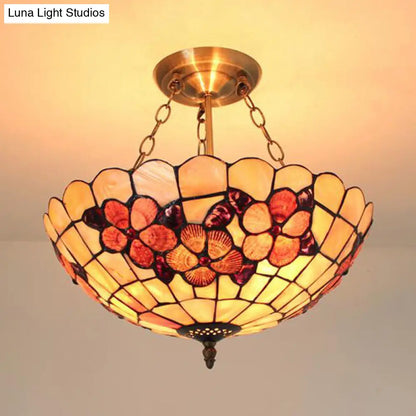 DecorBites™ DecorBites™ Scalloped Shade Semi Flush Stained Glass Ceiling Light Retro Style, 12"/16"/20.5" W, Red/Pink/Rose Red, Flower Pattern, Bedroom