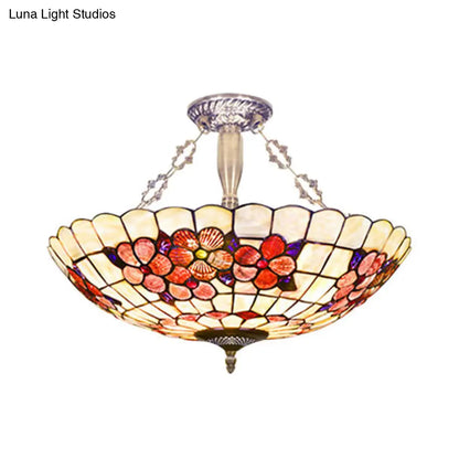 DecorBites™ DecorBites™ Scalloped Shade Semi Flush Stained Glass Ceiling Light Retro Style, 12"/16"/20.5" W, Red/Pink/Rose Red, Flower Pattern, Bedroom