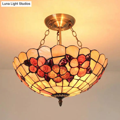 DecorBites™ DecorBites™ Scalloped Shade Semi Flush Stained Glass Ceiling Light Retro Style, 12"/16"/20.5" W, Red/Pink/Rose Red, Flower Pattern, Bedroom