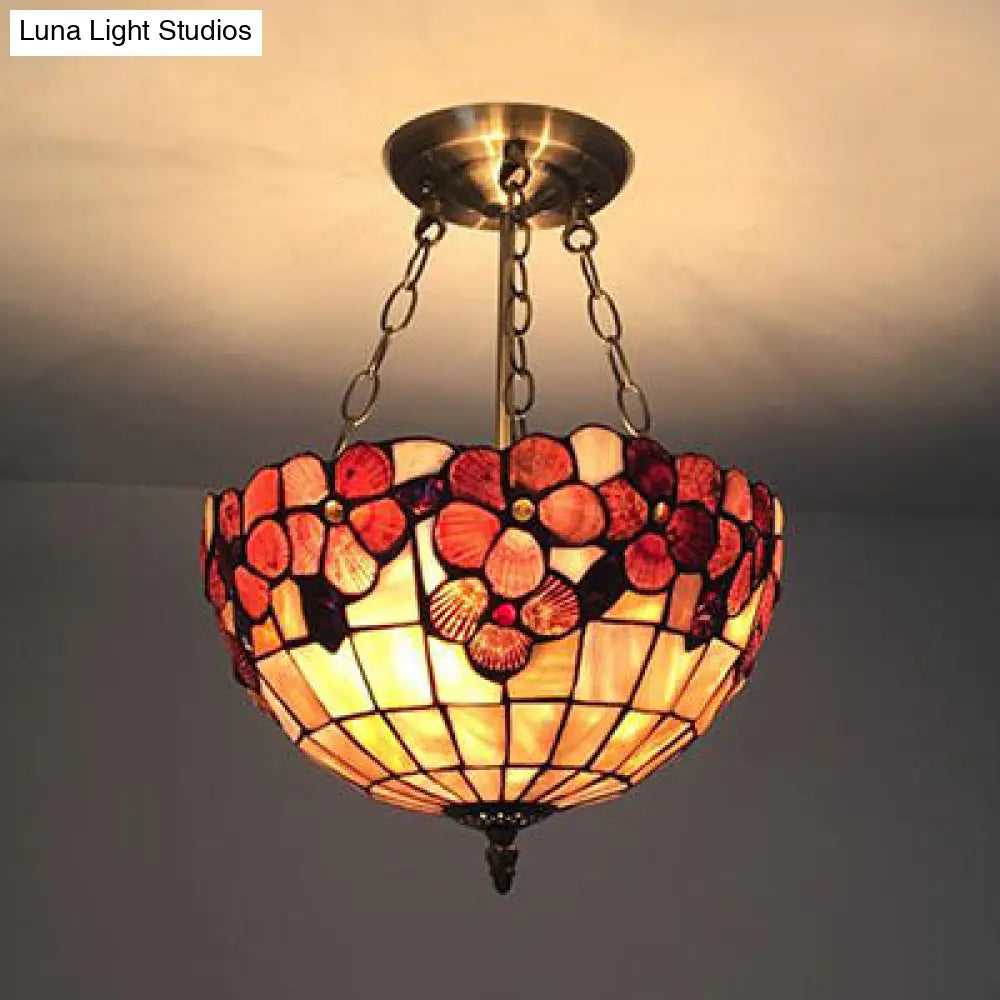 DecorBites™ DecorBites™ Scalloped Shade Semi Flush Stained Glass Ceiling Light Retro Style, 12"/16"/20.5" W, Red/Pink/Rose Red, Flower Pattern, Bedroom