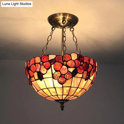 DecorBites™ DecorBites™ Scalloped Shade Semi Flush Stained Glass Ceiling Light Retro Style, 12"/16"/20.5" W, Red/Pink/Rose Red, Flower Pattern, Bedroom
