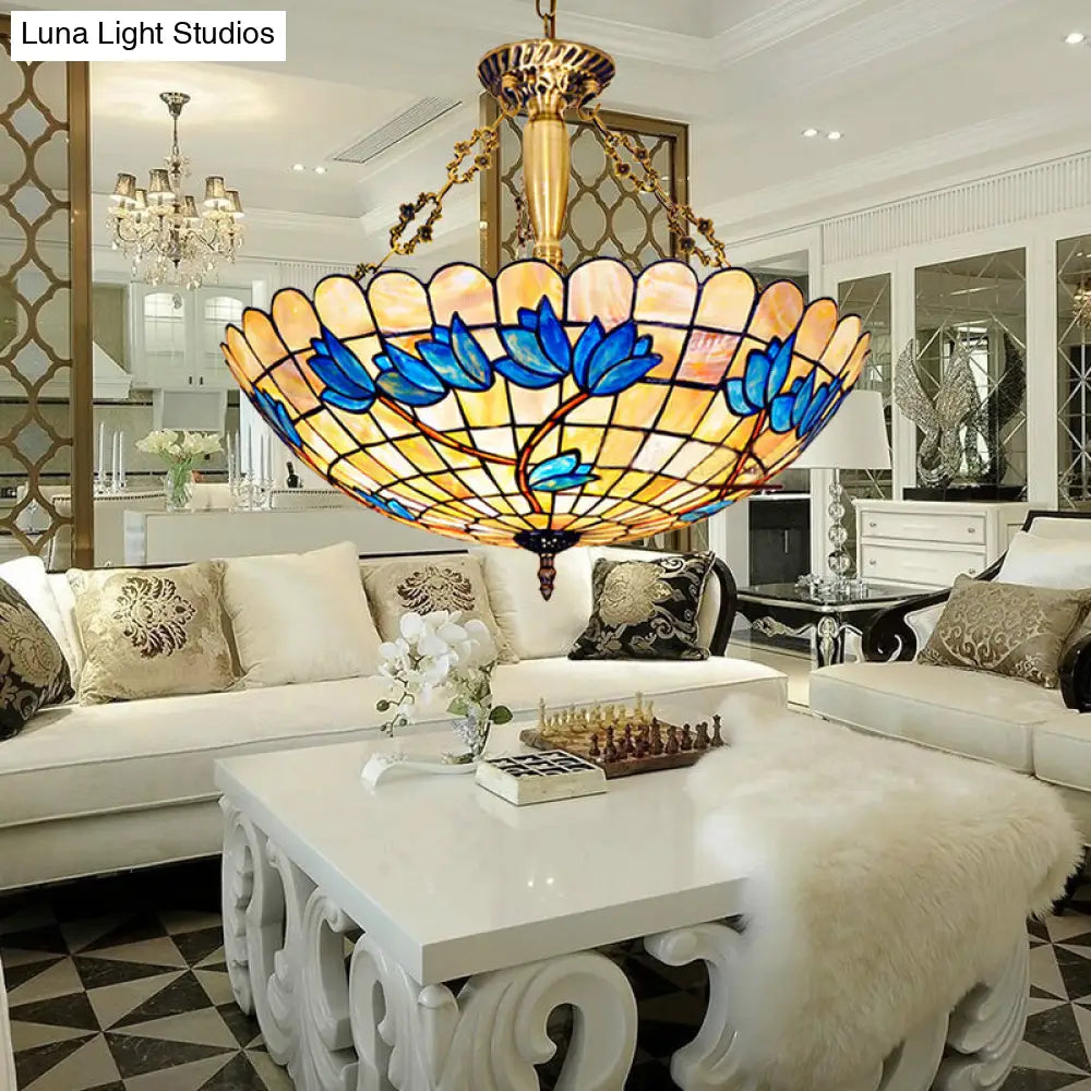 Scalloped Stained Glass Tulip Semi Flush Mount with 4 Heads for Living Room