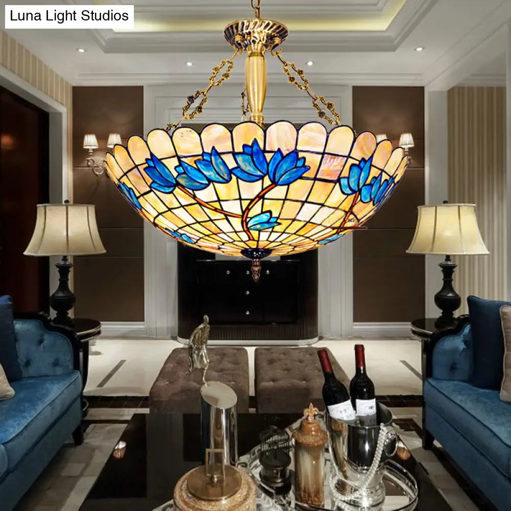 Scalloped Stained Glass Tulip Semi Flush Mount with 4 Heads for Living Room