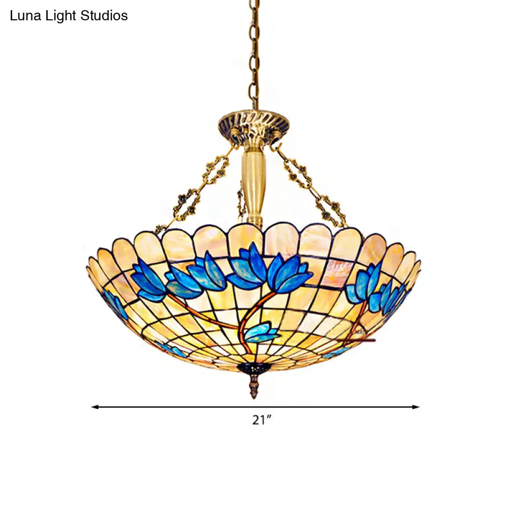 Scalloped Stained Glass Tulip Semi Flush Mount with 4 Heads for Living Room