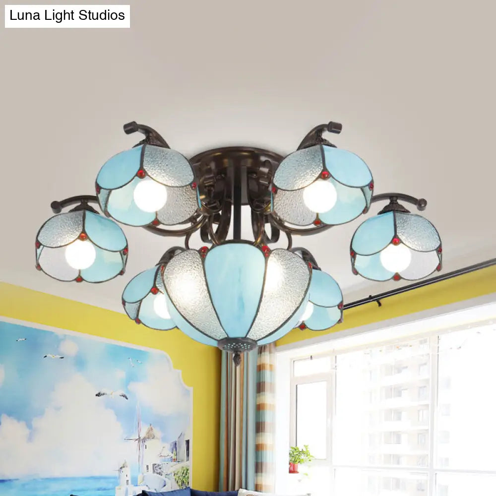 DecorBites™ DecorBites™ Scalloped Tiffany Gray/White/Blue Handcrafted Glass Ceiling Light Fixture - 9 Heads Semi Flush Mount