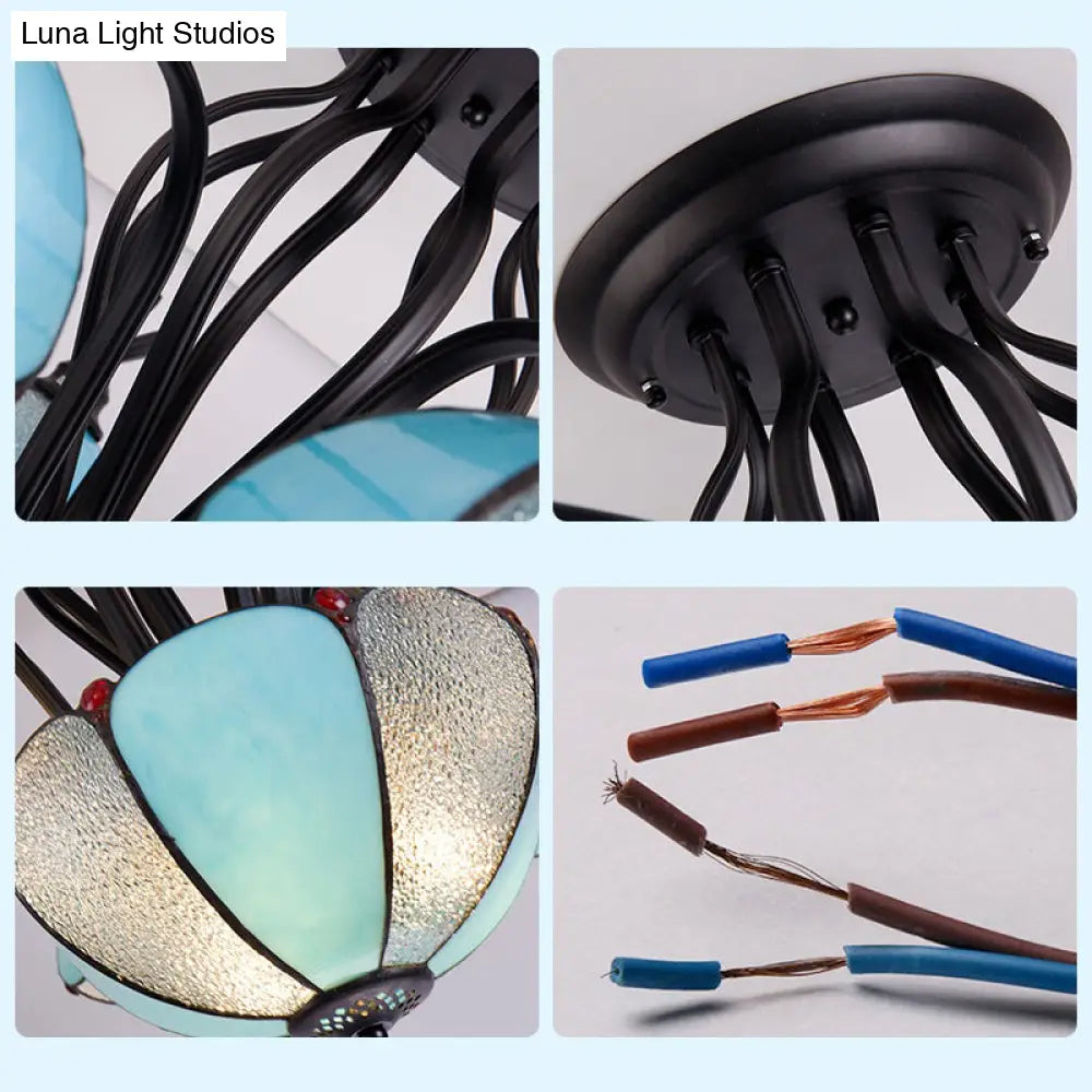 DecorBites™ DecorBites™ Scalloped Tiffany Stained Glass Semi Flush Light with 3 Heads in Clear/Blue