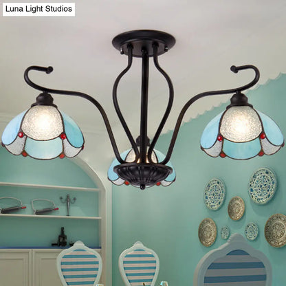 DecorBites™ DecorBites™ Scalloped Tiffany Stained Glass Semi Flush Light with 3 Heads in Clear/Blue