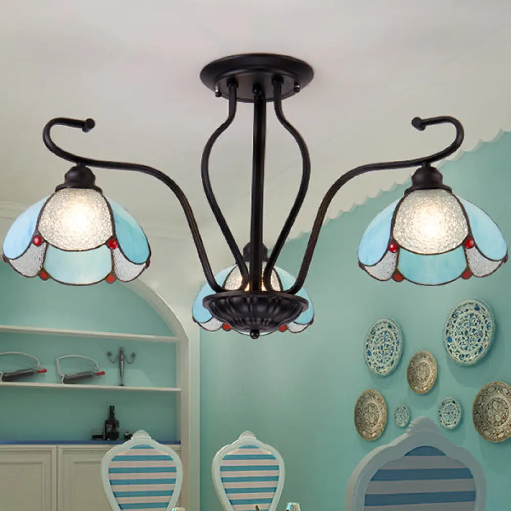 DecorBites™ DecorBites™ Scalloped Tiffany Stained Glass Semi Flush Light with 3 Heads in Clear/Blue