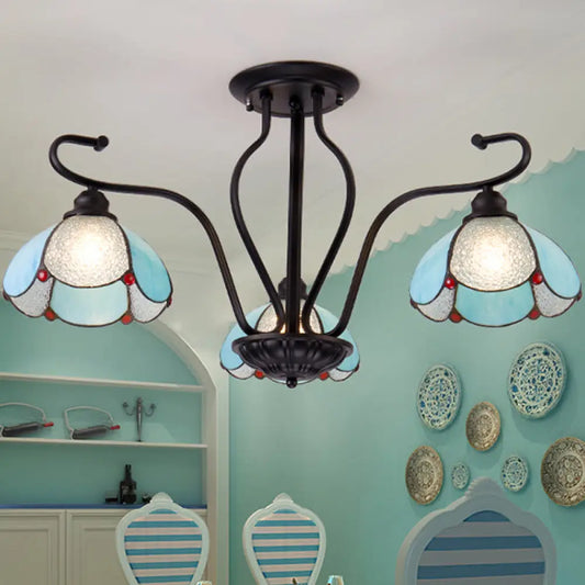 DecorBites™ DecorBites™ Scalloped Tiffany Stained Glass Semi Flush Light with 3 Heads in Clear/Blue