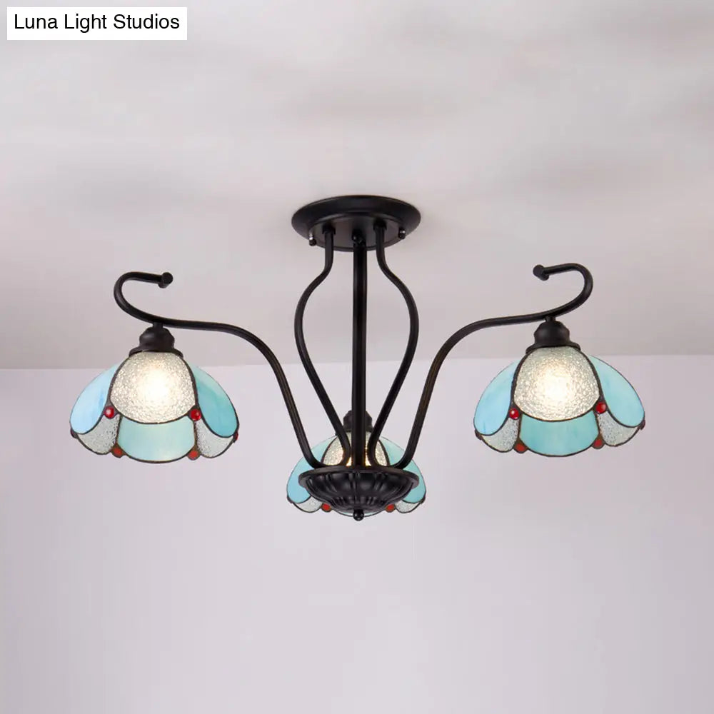 DecorBites™ DecorBites™ Scalloped Tiffany Stained Glass Semi Flush Light with 3 Heads in Clear/Blue