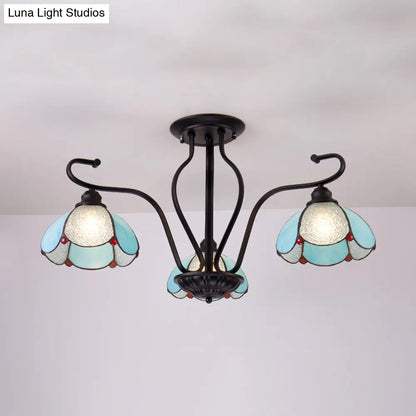 DecorBites™ DecorBites™ Scalloped Tiffany Stained Glass Semi Flush Light with 3 Heads in Clear/Blue