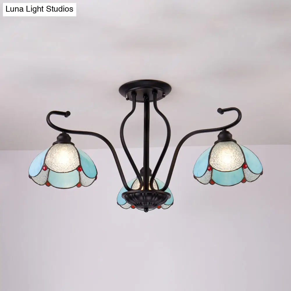 DecorBites™ DecorBites™ Scalloped Tiffany Stained Glass Semi Flush Light with 3 Heads in Clear/Blue