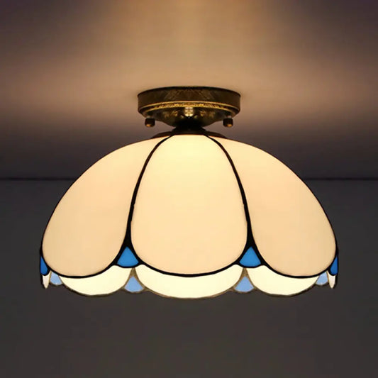 DecorBites™ DecorBites™ Scalloped Vintage Stained Glass Flush Mount Light - 1 Light in White/Beige/Blue - Perfect for Living Room
