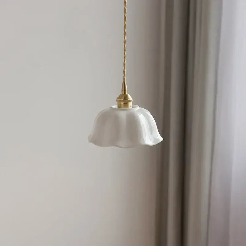Scalloped white ceramic led pendant lamp with fluted petal shade and brass socket decorbites ceramic led lamp for dining room
