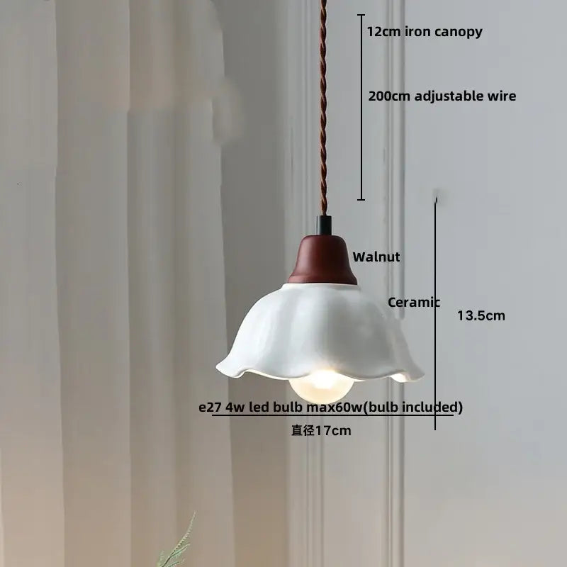 Scalloped white ceramic led pendant lamp with fluted shade and dark walnut metal top ideal for dining room decorbites ceramic led