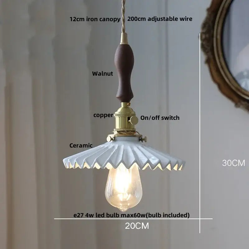 Vintage scalloped white ceramic led pendant lamp with walnut handle and brass socket for dining room decorbites ceramic led