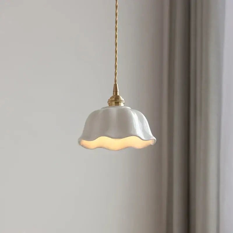 Scalloped white ceramic led pendant lamp with fluted shade and brass socket for dining room decorbites ceramic led pendant