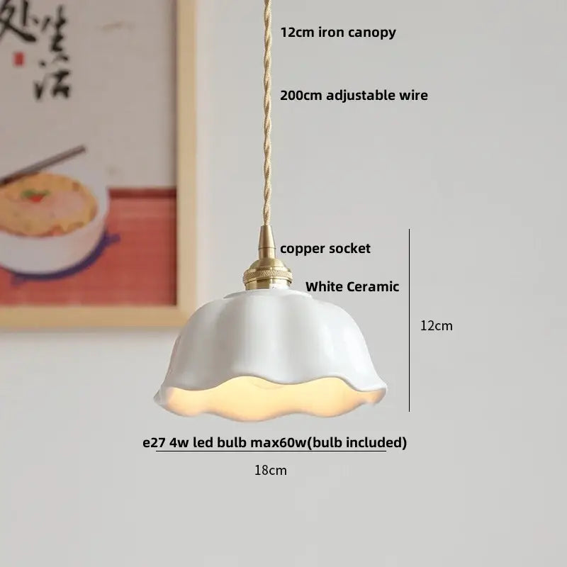 Scalloped white ceramic led pendant lamp with fluted petal design and brass socket for dining room decorbites ceramic led