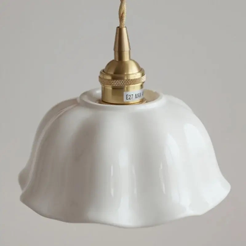 Scalloped white ceramic led pendant lamp with fluted design and brass socket ideal for dining room decorbites ceramic led