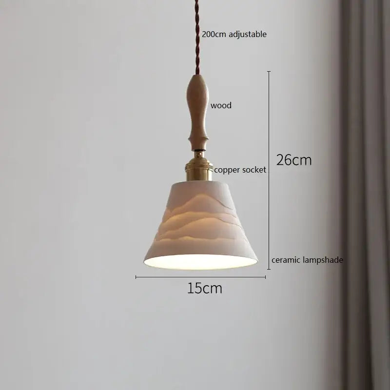 Warm-toned scalloped white ceramic led pendant light with wooden handle and copper socket for bedroom decorbites ceramic led decor