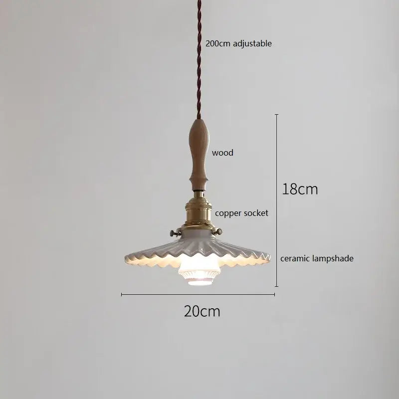 Vintage-style scalloped white ceramic led pendant light with wooden handle and copper socket for bedroom decorbites ceramic led decor