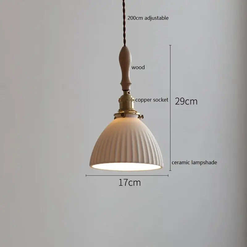 Scalloped white ceramic led pendant light with vertical ridges wood handle and copper socket for bedroom decorbites ceramic led