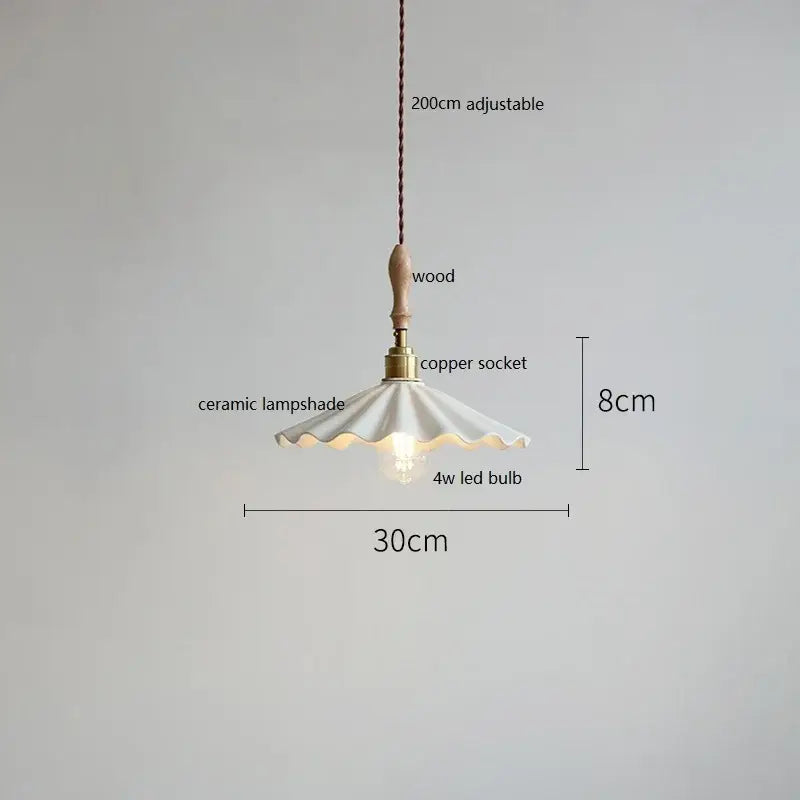 Scalloped white ceramic led pendant light with fluted design suspended by wooden handle and copper socket for bedroom decorbites ceramic led pendant