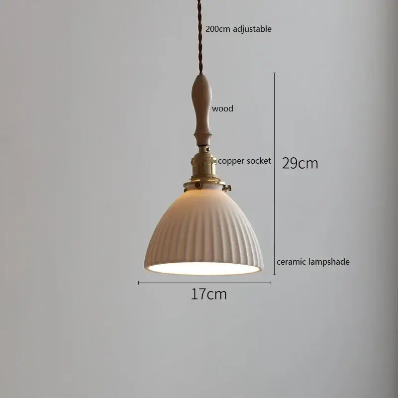Scalloped white ceramic led pendant light with vertical ridges and wooden handle for dining room decorbites ceramic led