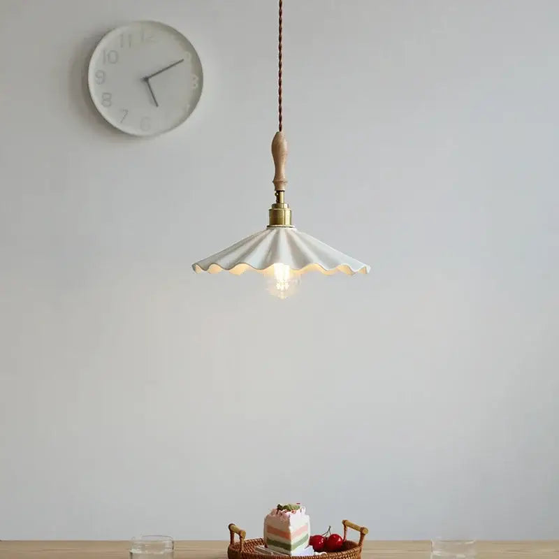Off-white scalloped white ceramic led pendant light with brass fixture and braided cord for dining room decorbites ceramic led