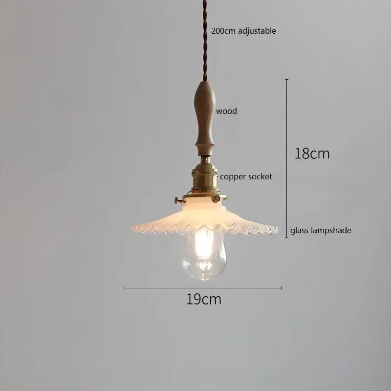 Vintage-style scalloped white ceramic led pendant light with wooden handle and copper socket for dining room decorbites ceramic led