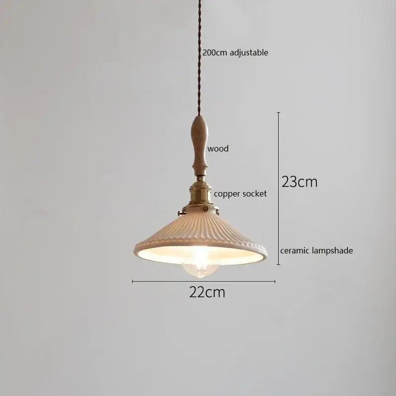 Vintage scalloped white ceramic led pendant light with wooden handle and copper socket for dining room decorbites ceramic led