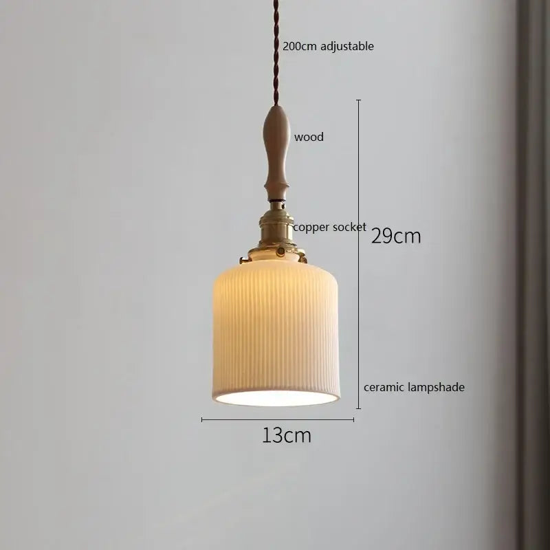 Scalloped white ceramic led pendant light with vertical ridges wood handle and copper socket for dining room decorbites ceramic led