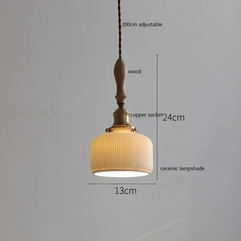 Scalloped white ceramic led pendant light with warm-toned ridged lampshade and wooden handle for dining room decorbites ceramic led