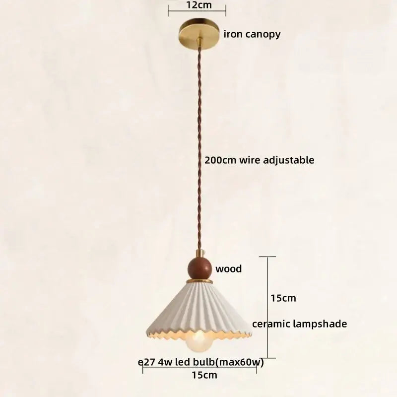 Scalloped white ceramic wood pendant lamp with fluted design hanging from adjustable wire by wooden bead decorbites ceramic wood