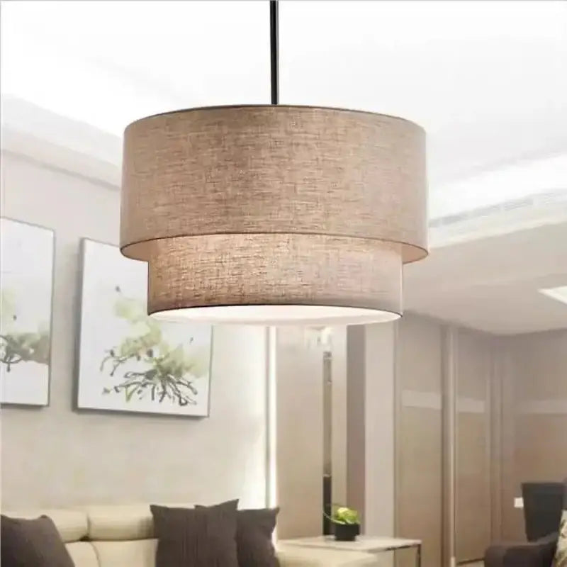 Scandinavian beige double linen fabric pendant light with linen texture and sleek black rod for dining room lighting