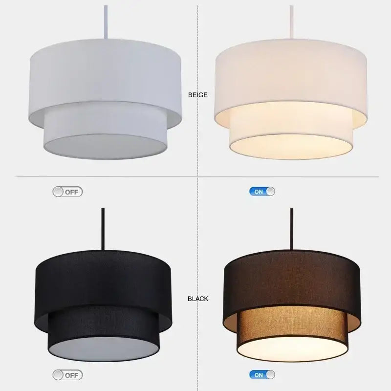 Scandinavian beige double linen fabric pendant light with modern tiered design and warm glow for dining room use