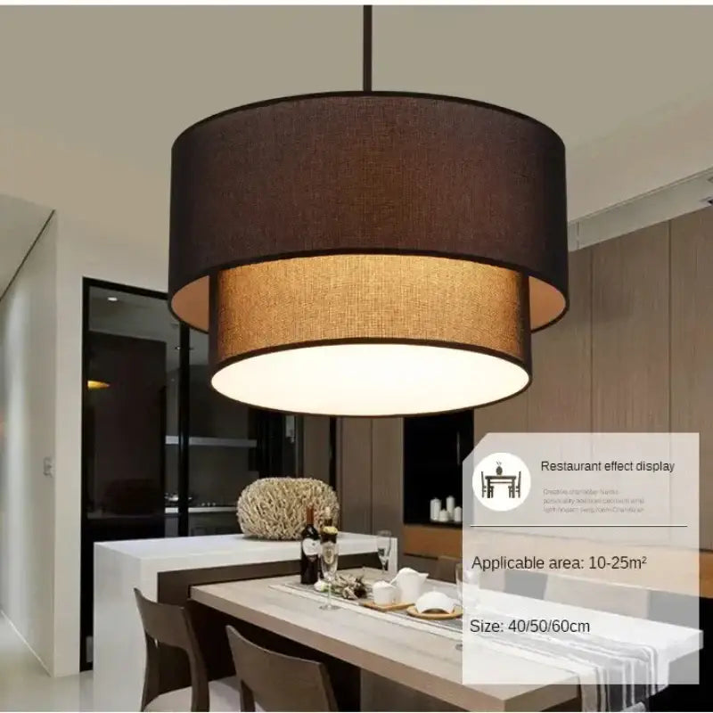 Dark brown tiered drum pendant light with textured double linen fabric shades ideal for dining room lighting