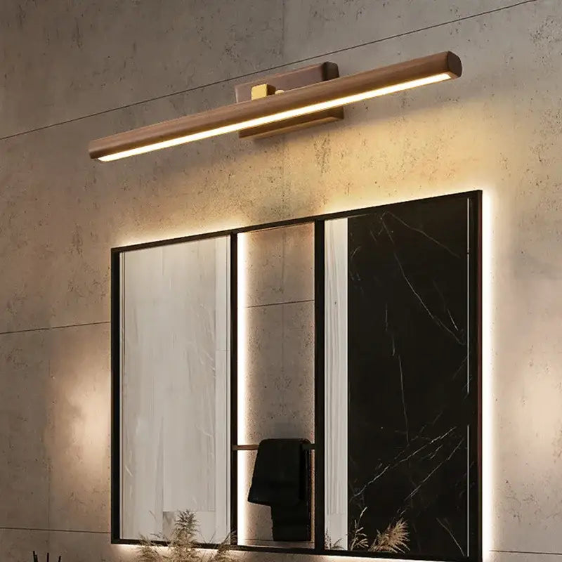 Modern wooden mirror lamp in black walnut with warm led illumination for bedroom decor by decorbites