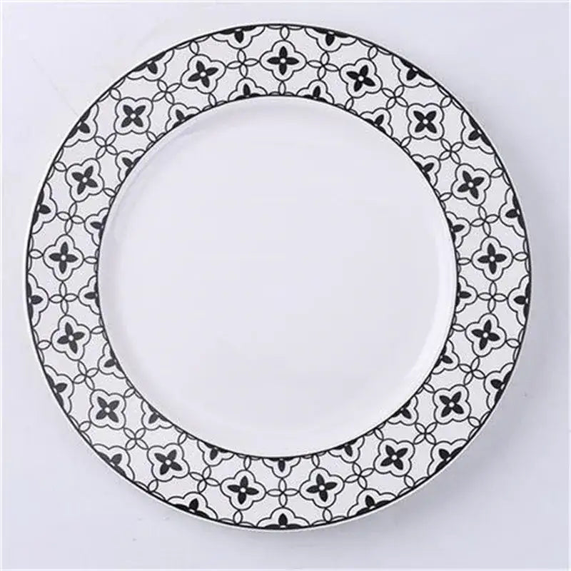White ceramic dessert plate with delicate black geometric pattern rim for decorbites ceramic dessert plates collection