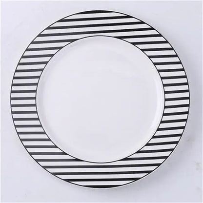 Scandinavian black and white geometric ceramic dessert plate with bold striped border from decorbites ceramic dessert collection